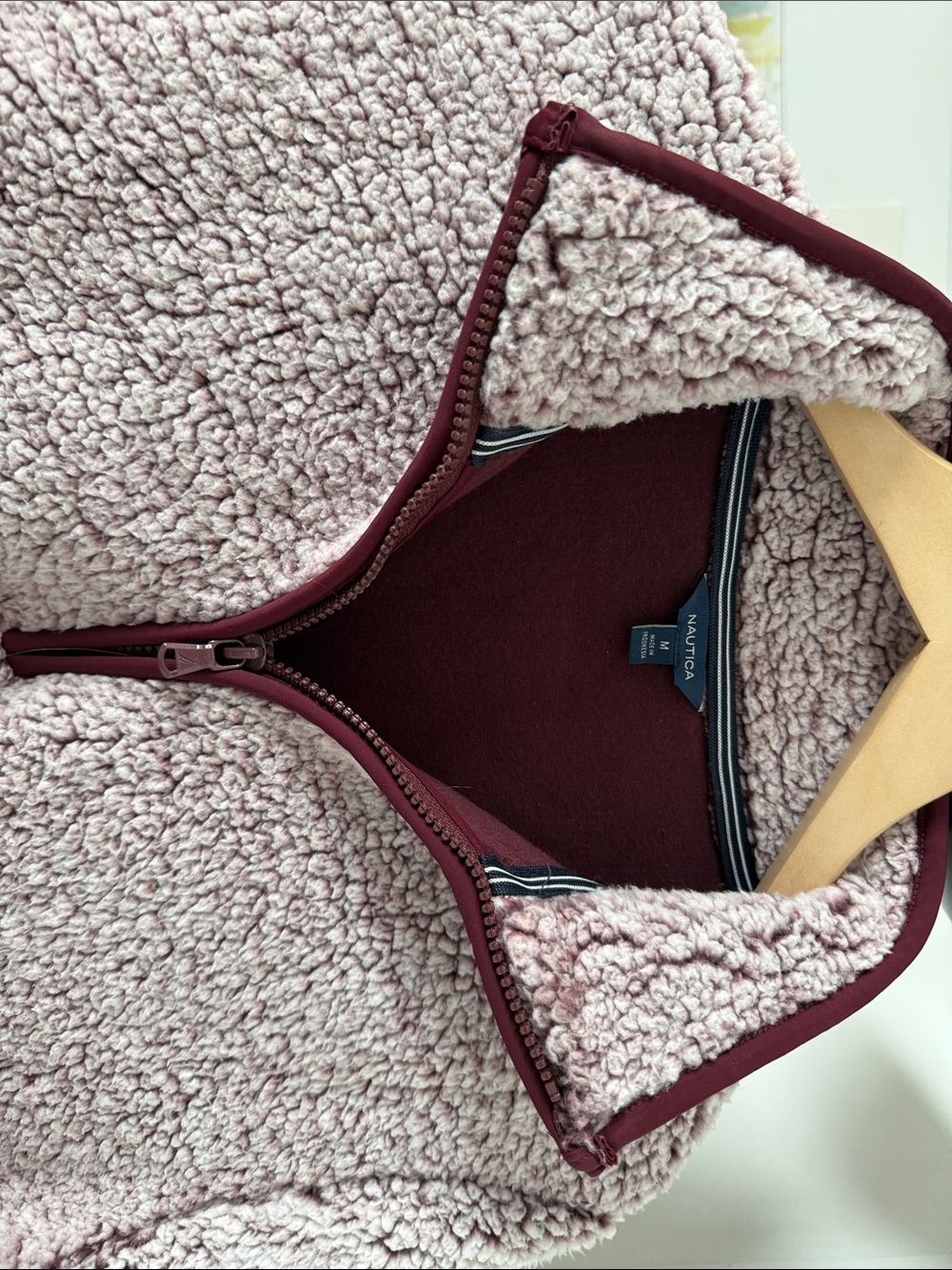 Nautica Women’s Teddy Sherpa Jacket in Dusty Rose with Maroon Trim
